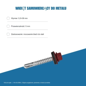 Wkręt samowiercący do metalu 5,5x38 mm, przewiercalność 5 mm, EPDM, 100 szt. – kolor do wyboru